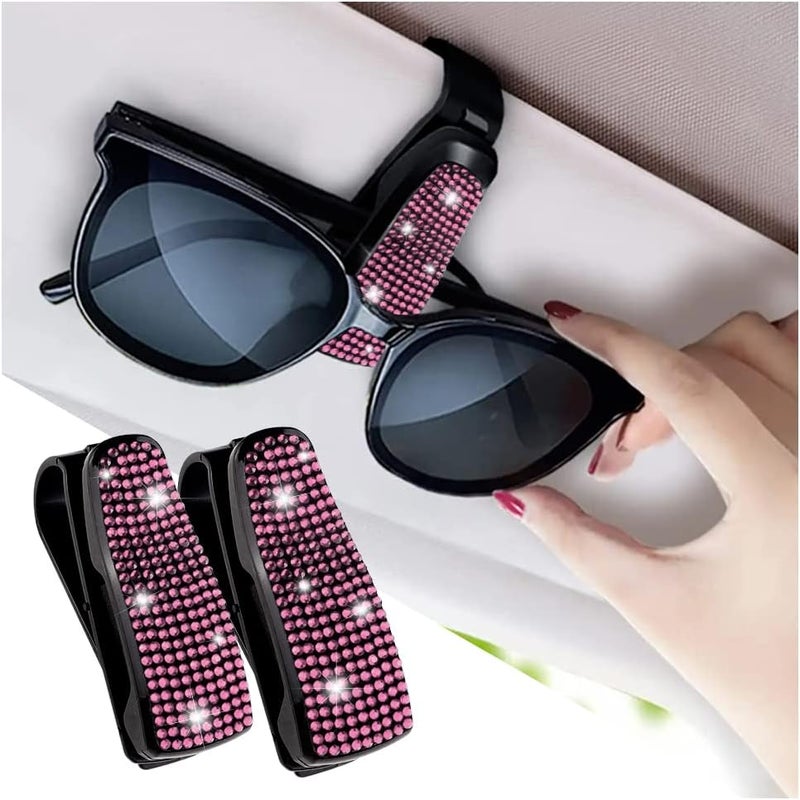 Turcee Set of 2 Bling Rhinestone Car Sun Visor Glasses Holders with Anti-Scratch Sponge,Car Decoration for Women Girls,Ticket Card Clip Visor Organizer,Universal Rhinestone Auto Accessories (Pink) - Image 1